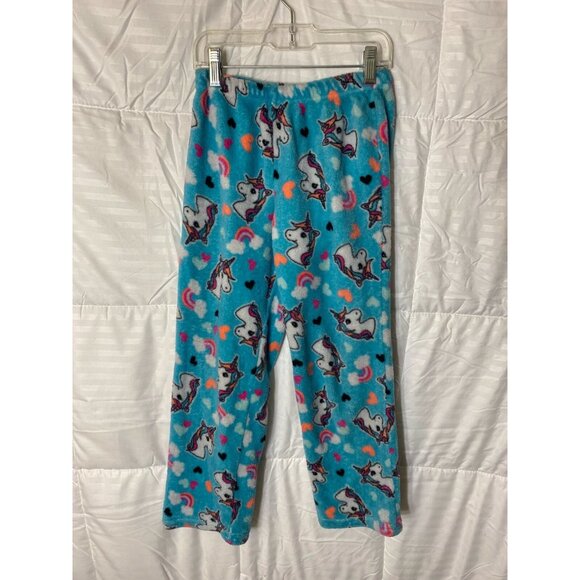 GIRLS FUZZY PJ BOTTOMS BLUE UNICORNS RAINBOWS PAJAMAS SIZE LARGE 10/12 L - Picture 1 of 2